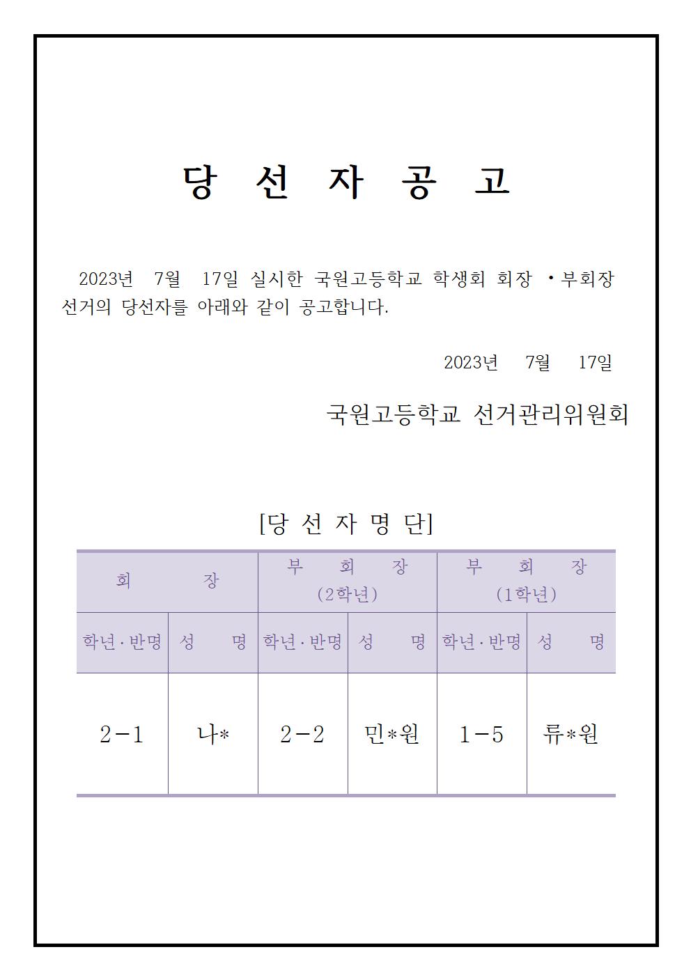 [공고] 2023-24학년도 학생회 임원선거 당선자