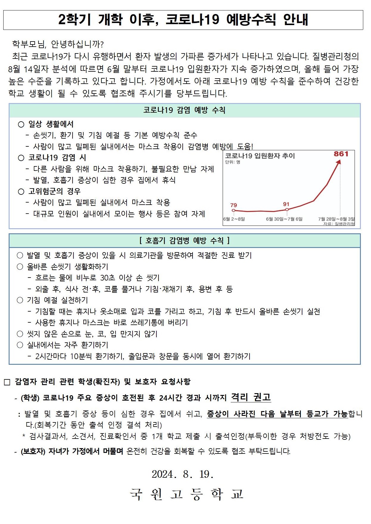 2학기 개학이후, 코로나 예방 수칙(국원고)