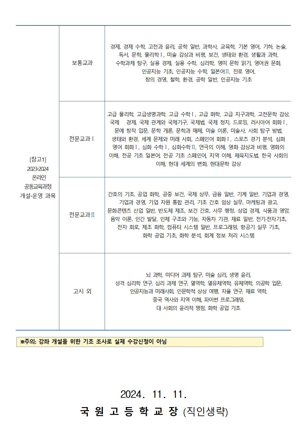 2024. 겨울학기 온라인 공동교육과정 개설 과목 학생 수요 조사 안내 가정통신문002